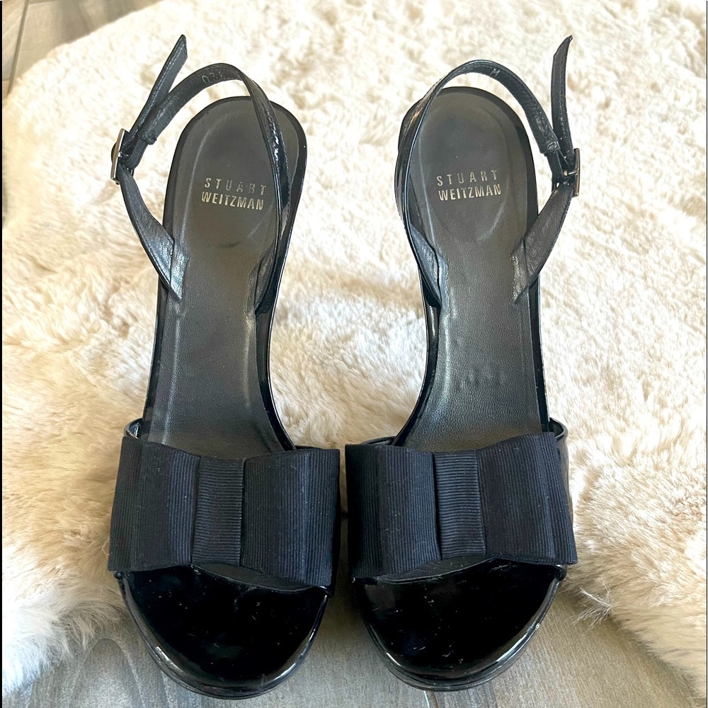 Stuart Weitzman Vintage, shoes patent leather with bow 5” heel 1” Platform